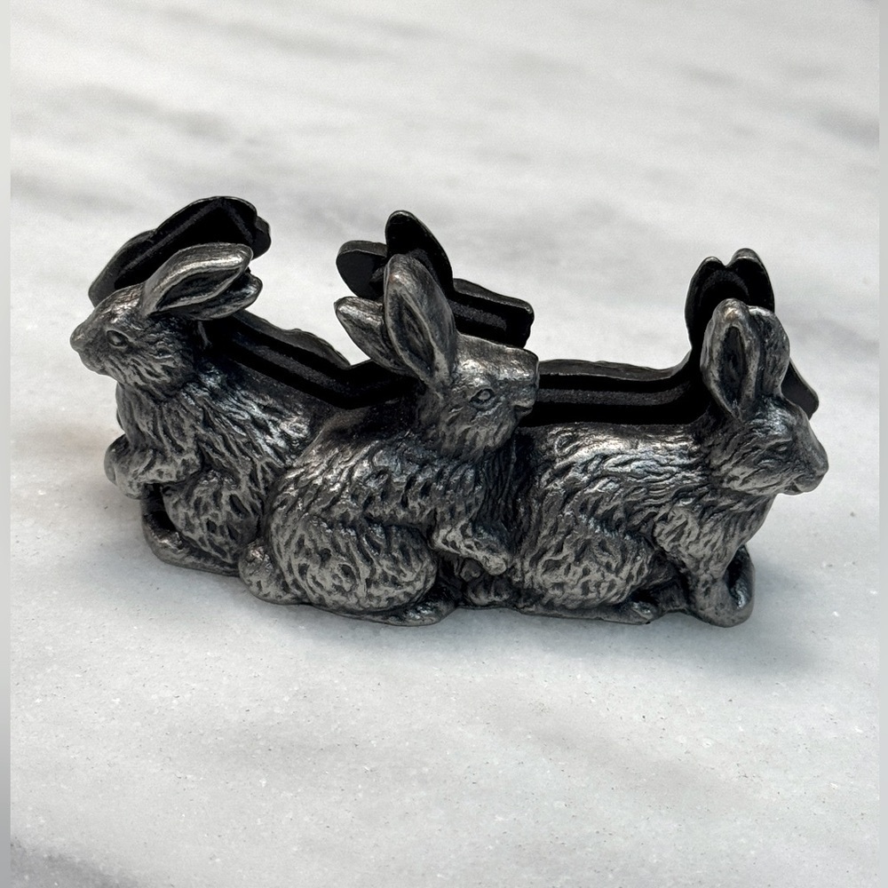 Vintage Pewter 3 Bunny Business Card Holder 3.5" x 1.4" and 1.6" tall